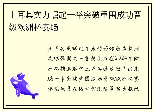 土耳其实力崛起一举突破重围成功晋级欧洲杯赛场