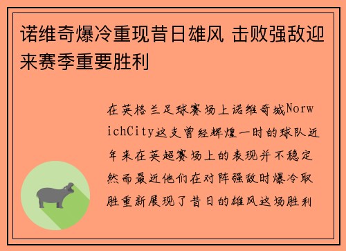 诺维奇爆冷重现昔日雄风 击败强敌迎来赛季重要胜利