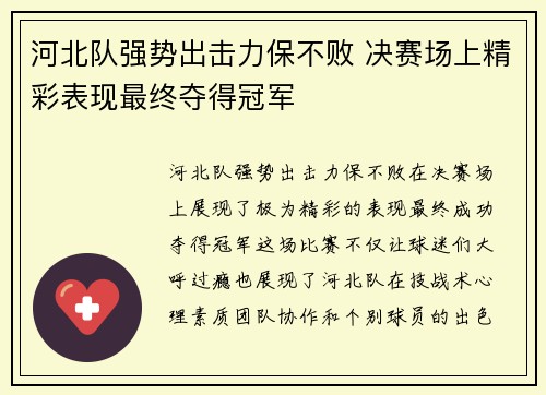 河北队强势出击力保不败 决赛场上精彩表现最终夺得冠军