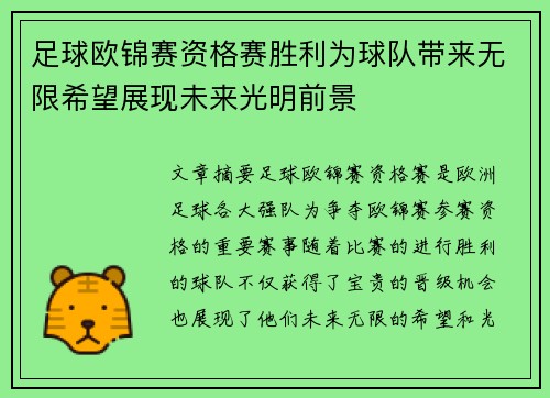 足球欧锦赛资格赛胜利为球队带来无限希望展现未来光明前景