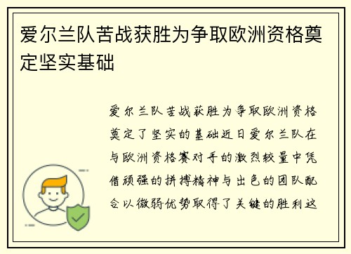 爱尔兰队苦战获胜为争取欧洲资格奠定坚实基础